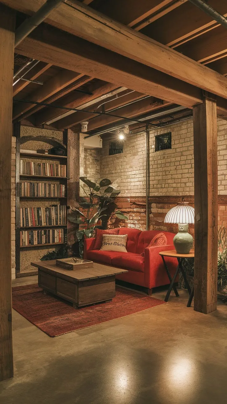 This rustic basement remodel is a cozy haven, showcasing exposed brick, warm lighting, and a vintage aesthetic. The red sofa, wooden coffee table, and well-stocked bookshelves create a welcoming rec room perfect for relaxing evenings. A touch of greenery adds life to this charming space.