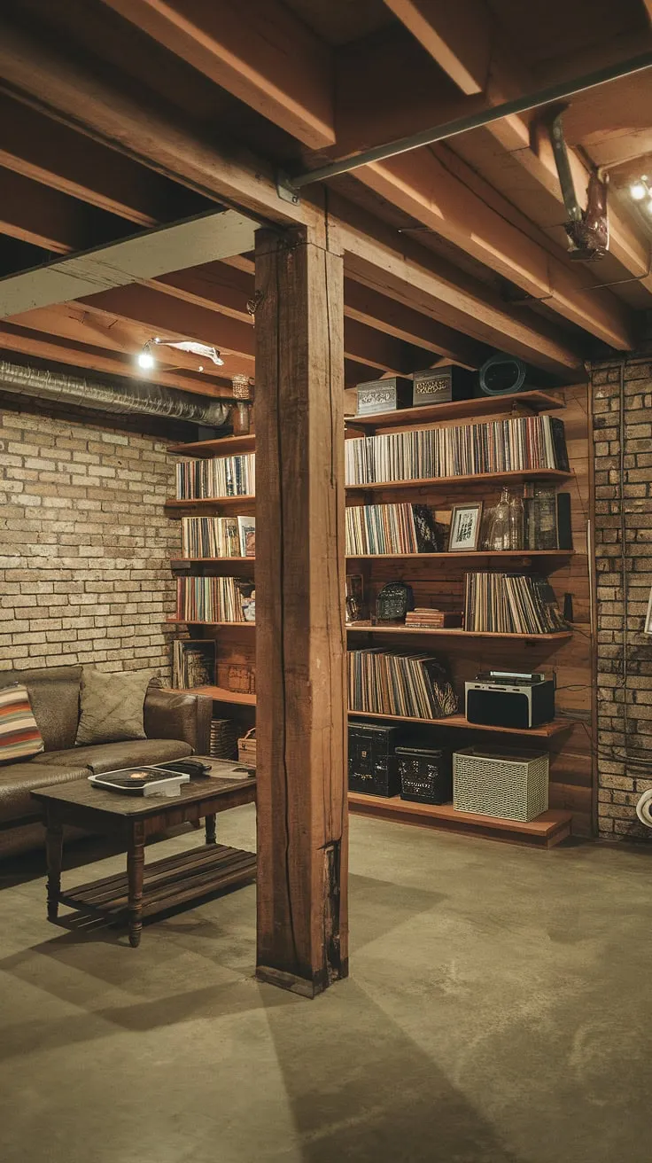 A reclaimed wood post anchors this inviting basement rec room, its exposed brick walls and vintage finds creating a warm and welcoming atmosphere. The soft lighting and comfortable seating make it the perfect spot to unwind and enjoy the simple pleasures. A space that effortlessly blends old and new.