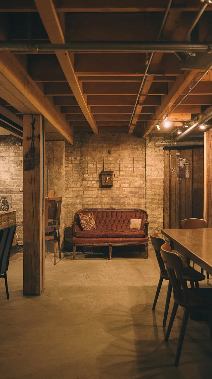 A charming blend of vintage and rustic, this basement transformation is a masterclass in cozy design. The exposed brick walls, wooden beams, and concrete floor provide a stunning backdrop for the carefully curated furniture. A truly unique and inviting space.