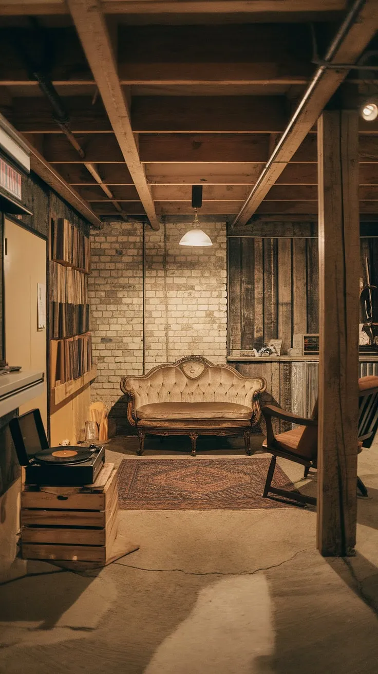 Exposed brick, wooden beams, and the comforting warmth of a vintage record player-this basement rec room is a testament to the enduring appeal of rustic design. The space effortlessly blends old-world charm with modern comfort, creating a haven for relaxation and soulful listening.