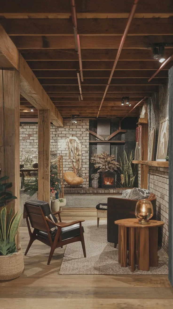 Rustic charm meets modern comfort in this vintage basement remodel. The exposed brick, wooden beams, and cozy fireplace create an atmosphere of warmth and inviting relaxation, perfectly complemented by the thoughtfully chosen vintage furniture and lush greenery. A testament to the beauty of repurposing and embracing a unique aesthetic.