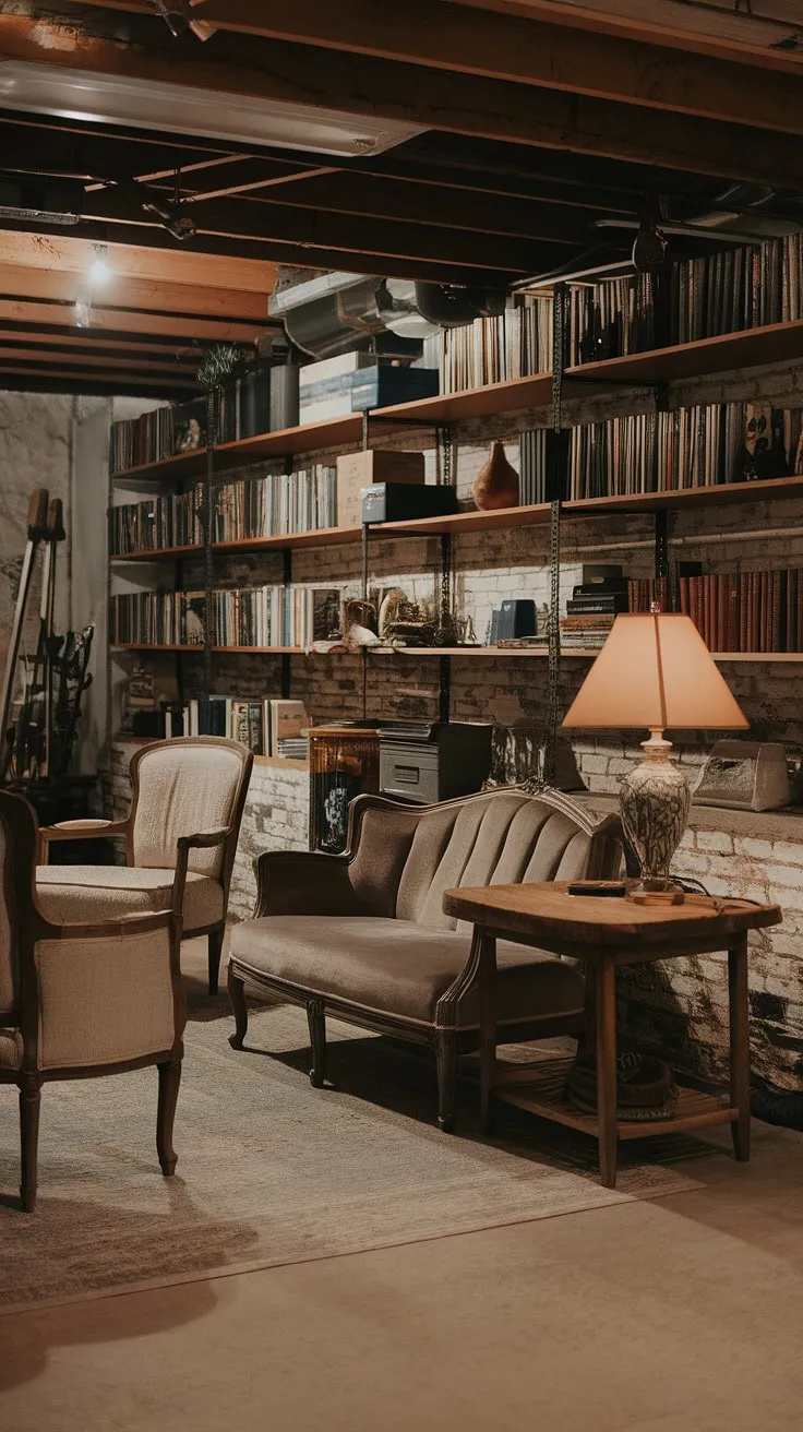 This rustic basement is a cozy sanctuary, a testament to the beauty of imperfection. The vintage couch invites you to sink in, surrounded by the comforting glow of the lamplight and the quiet stories held within the overflowing bookshelves. A perfect blend of old-world charm and modern comfort.
