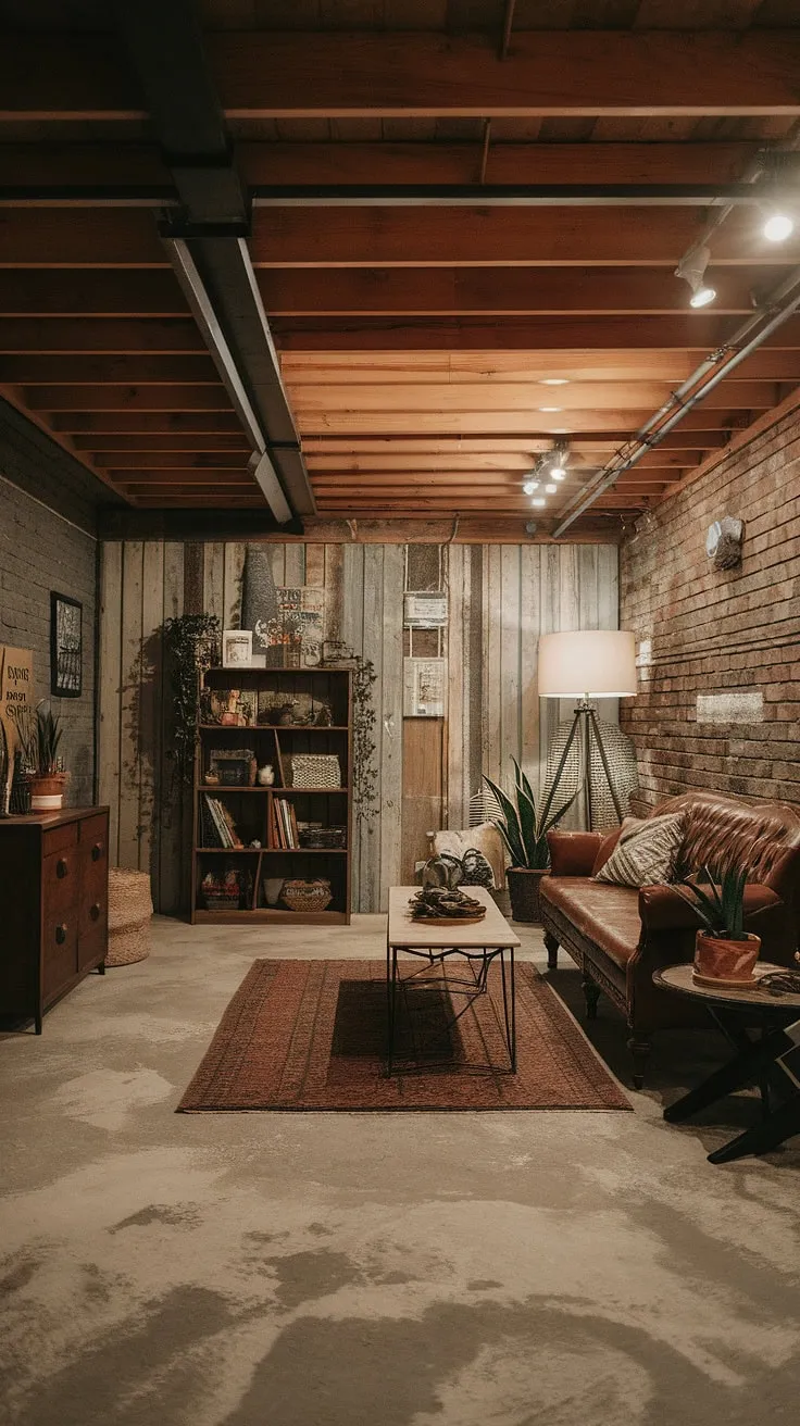 This rustic basement is a testament to the beauty of imperfection; exposed brick, warm wood, and a cozy vintage couch create a space that's both stylish and inviting. The soft lighting and carefully chosen plants add a touch of magic, transforming this forgotten corner into a haven. A perfect blend of old and new, it's a space where comfort and character meet.