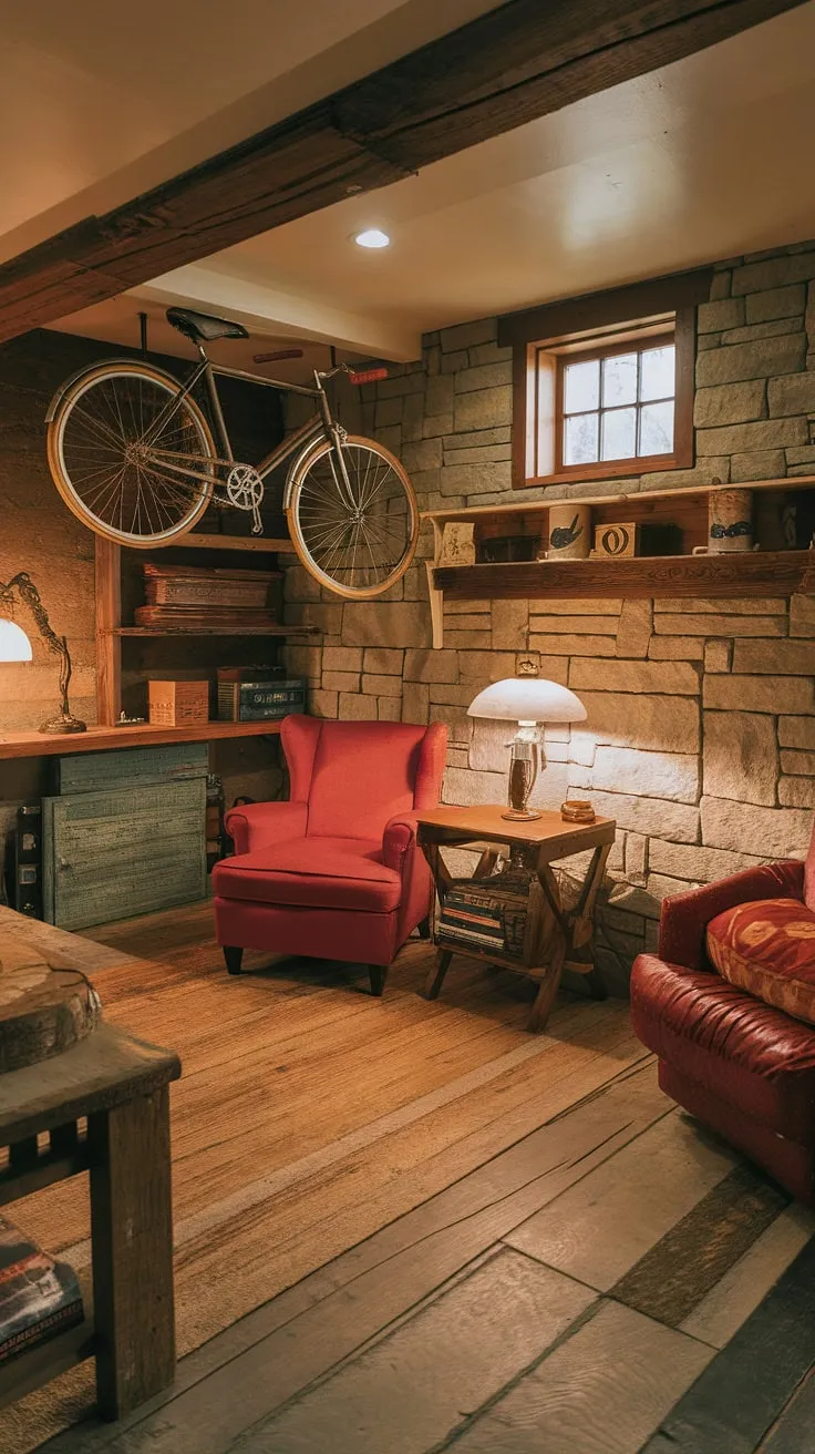 Escape to this inviting vintage basement rec room. The reclaimed wood floors, stone walls, and thoughtfully curated details-from the antique lamp to the charming bookshelf-create a space brimming with character and warmth. It's the perfect blend of rustic charm and modern comfort.