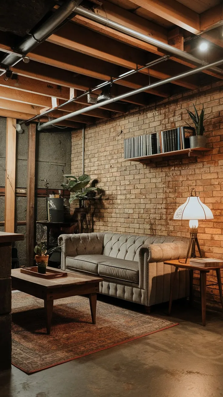 Escape the ordinary in this charming basement retreat. The raw textures of exposed brick and concrete are softened by the warmth of the wooden beams and a plush gray sofa, creating a space that's both stylish and incredibly comfortable. A perfect blend of rustic charm and modern comfort.