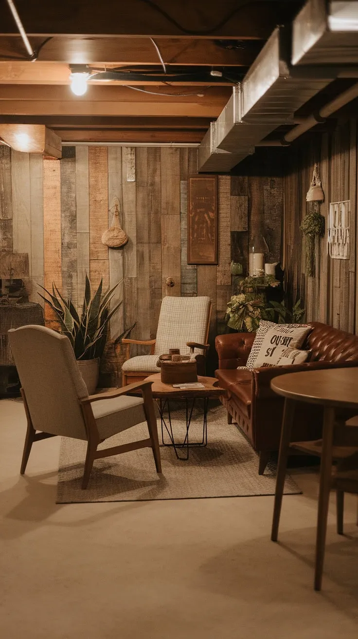 Escape the ordinary in this charming basement retreat. A blend of rustic wooden paneling and comfortable furnishings creates a space that's both inviting and stylish. The warm lighting and carefully chosen plants add a touch of tranquility, making it the perfect spot to unwind and relax. A hidden gem, indeed.