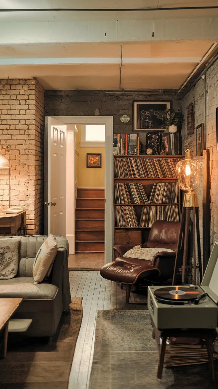 Descend into a world of vintage allure in this charming basement haven. The warm glow of the lamp illuminates a space brimming with character – from the worn wooden floors to the well-loved books and spinning vinyl. A sanctuary for quiet contemplation and cherished memories.