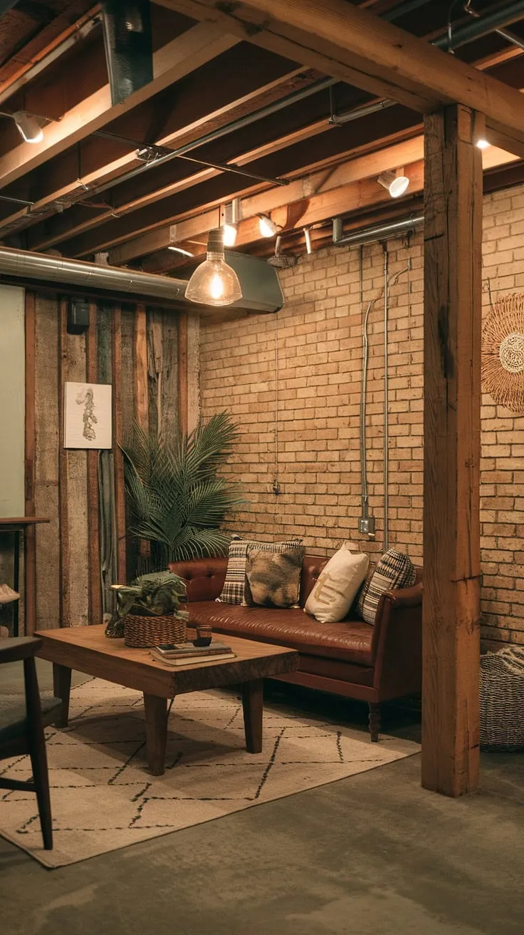 Transformed from forgotten space to a captivating retreat, this basement boasts exposed brick walls, sturdy wooden beams, and a vintage-inspired design. The concrete floor, vintage furniture, and warm lighting create an atmosphere of relaxed sophistication. Personal items add character and warmth, making it the perfect spot to unwind.
