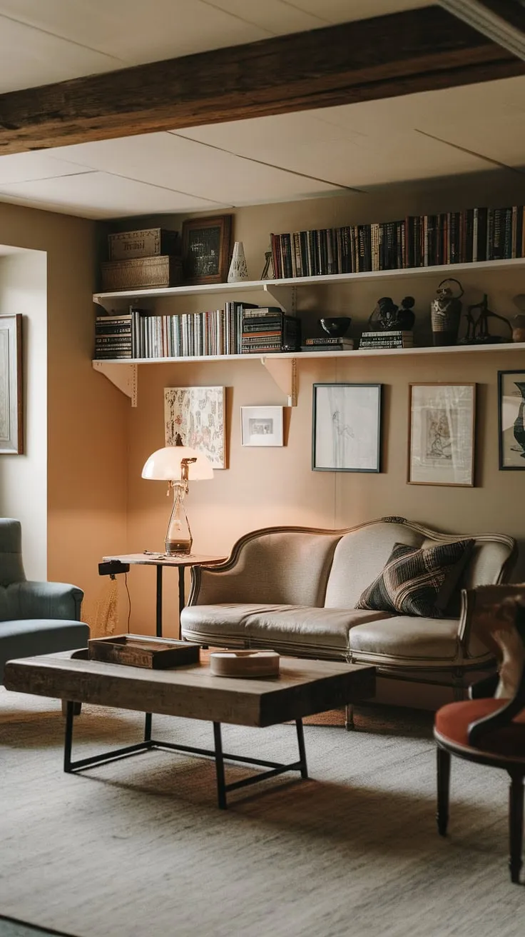 This rustic basement's cozy ambiance is perfectly captured in the warm glow of the vintage lamp, highlighting the worn textures and curated collection of books and decor. The aged wooden beams and comfortable seating create a space where stories unfold. A perfect blend of comfort and character.