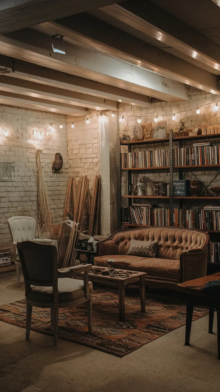This rustic basement is my sanctuary. The exposed brick, vintage furniture, and warm string lights create the perfect cozy atmosphere for curling up with a good book from my well-loved bookshelf. A perfect blend of comfort and character.