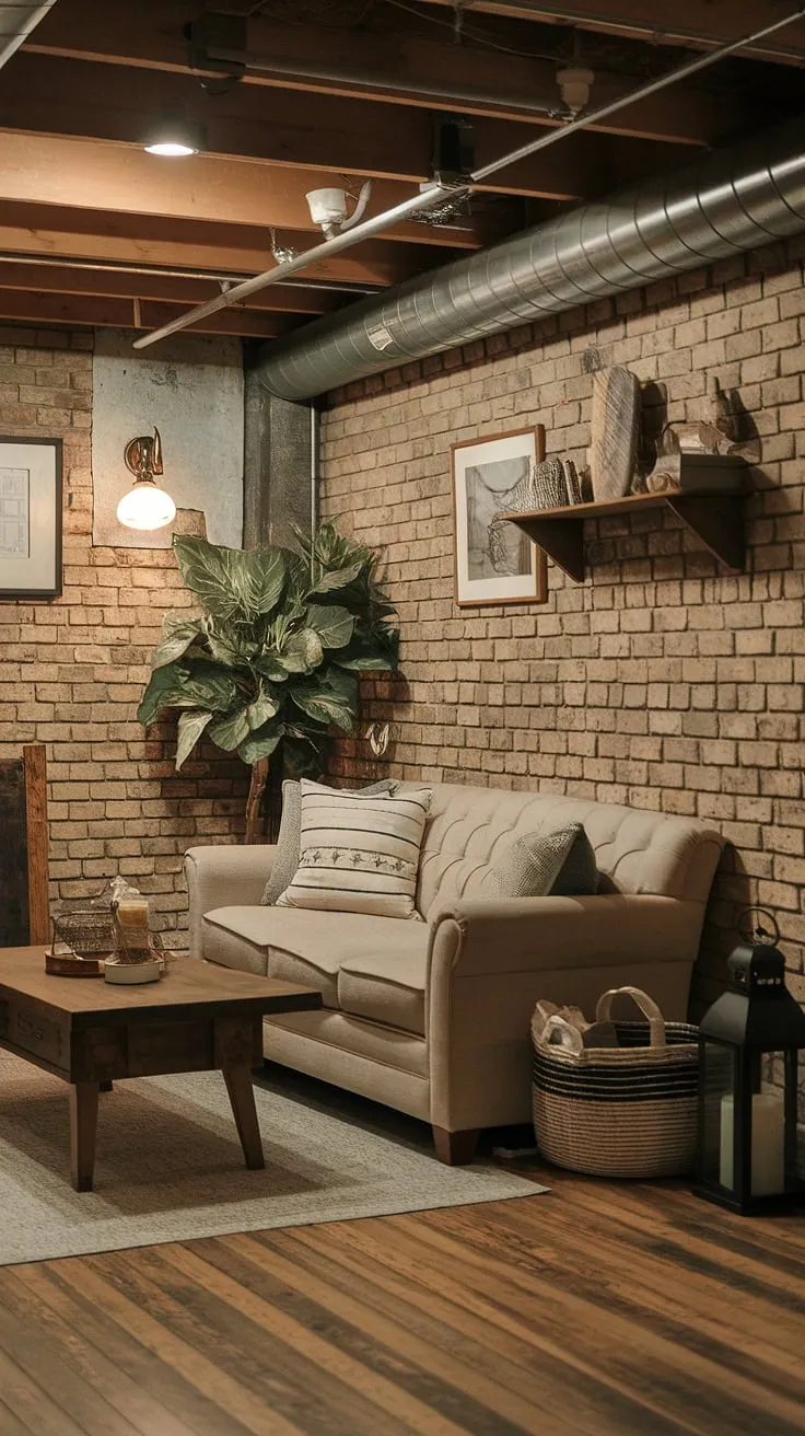 This rustic basement remodel is a cozy haven, blending vintage charm with modern comfort. The exposed brick walls, wooden floors, and comfortable seating create a warm and inviting rec room, perfect for relaxing evenings. A touch of greenery adds life to the space, while vintage accents like the lamp and wooden shelf complete the aesthetic.