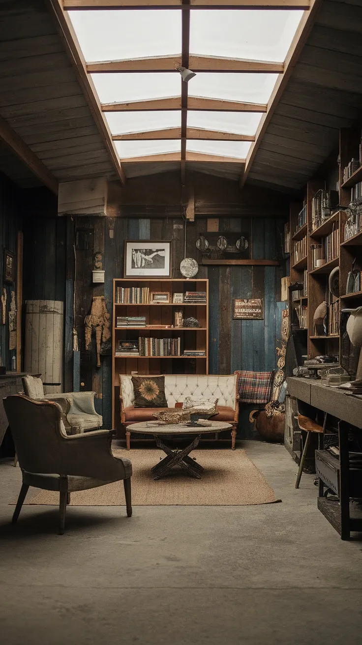 This rustic basement, bathed in natural light from a large skylight, is a testament to the beauty of repurposed space. A vintage sofa and armchair invite relaxation, while shelves overflowing with books and decorative items add character and warmth. A truly unique and inviting space, brimming with personality.