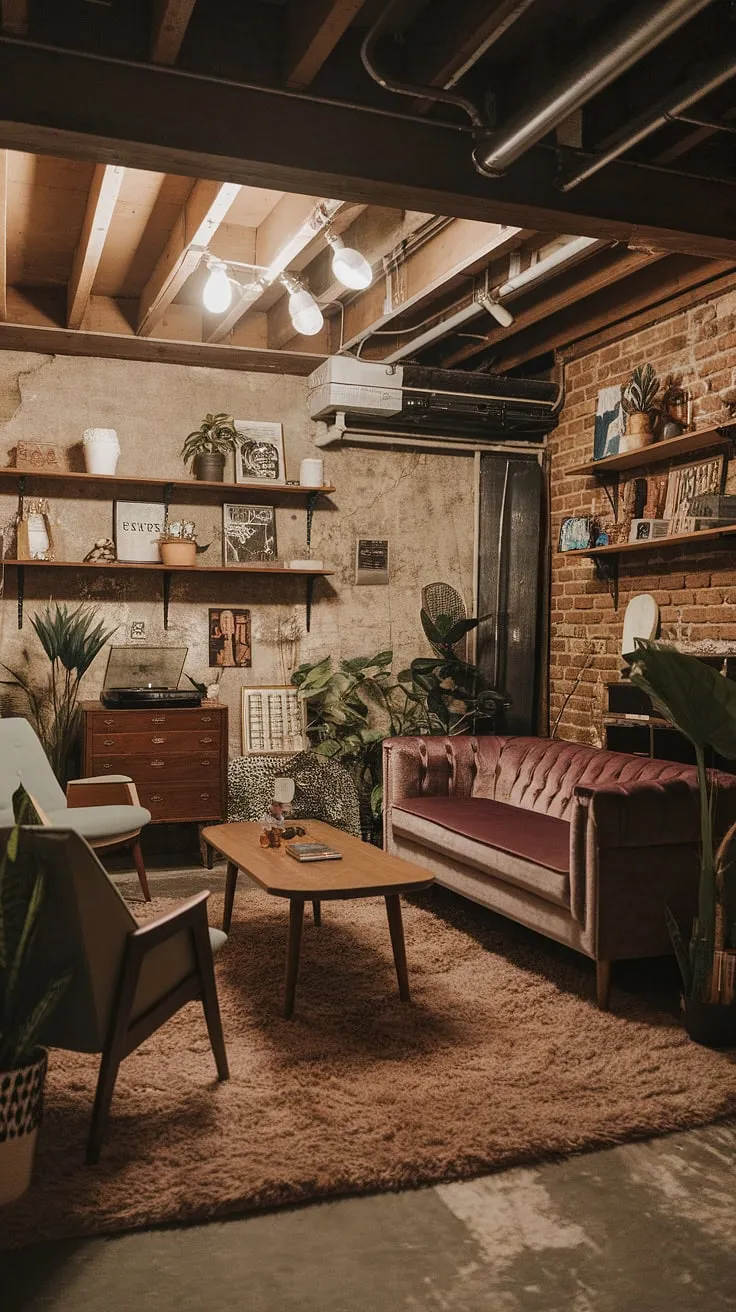 Descend into a world of vintage charm and modern comfort. This basement's exposed brick walls, wooden beams, and thoughtfully chosen furniture-from the plush velvet sofa to the mid-century modern chair-weave together a unique and inviting space. The warm lighting and carefully placed plants complete the picture of a perfectly curated retreat.