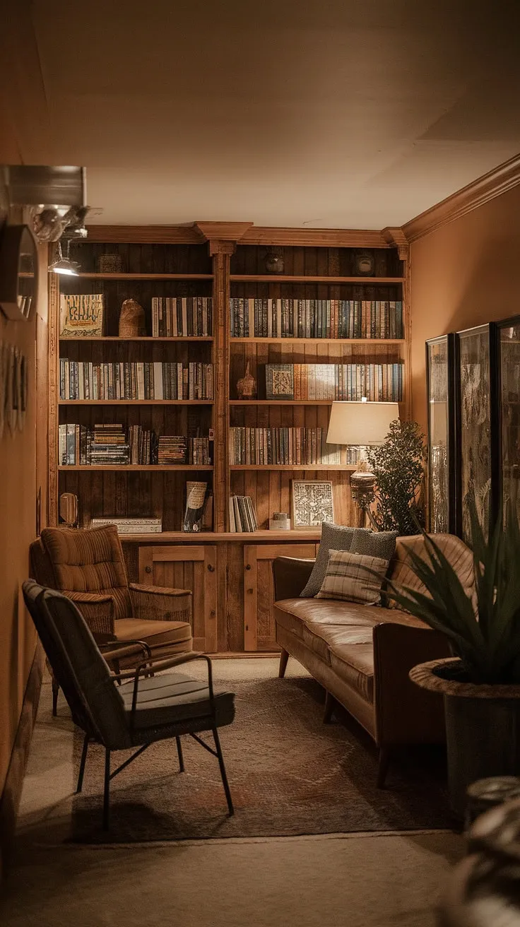 Escape the ordinary in this inviting basement rec room. The vintage couch and chairs, paired with rustic wooden shelves and a warm color palette, create a space that's both cozy and stylish. A perfect blend of old-world charm and modern comfort.