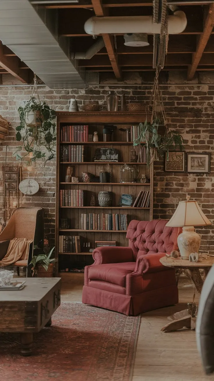 Lost in the cozy embrace of this rustic basement rec room, surrounded by vintage charm and the comforting glow of a vintage lamp. The exposed brick walls and plush red armchair create a haven of warmth and quiet contemplation. A perfect spot to curl up with a good book from the overflowing bookshelf.