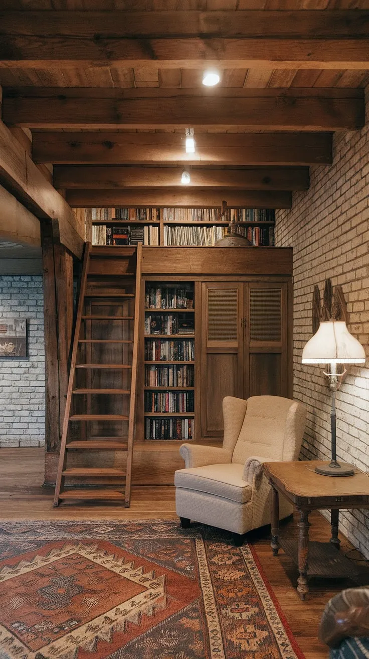 This rustic basement remodel is a cozy haven, complete with exposed brick, wooden beams, and a charming loft accessed by a wooden ladder. The warm lighting and comfortable seating create the perfect rec room atmosphere. A perfect blend of vintage charm and modern comfort.
