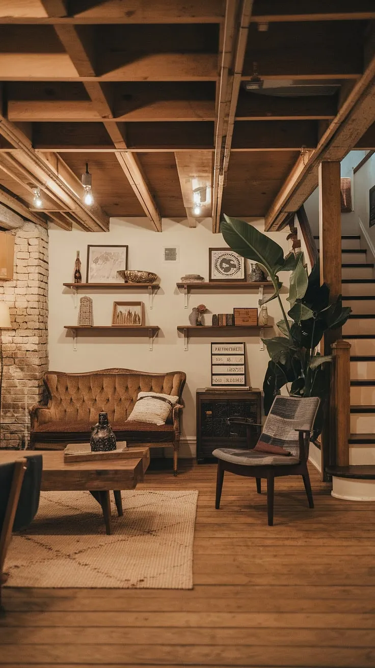More than just a basement, this is a haven. The vintage aesthetic, complete with a comfy couch, reading chair, and thoughtfully curated shelves, makes this space feel a uniquely personal and utterly inviting. The warm lighting and exposed brick add to the rustic charm, creating a truly special retreat.