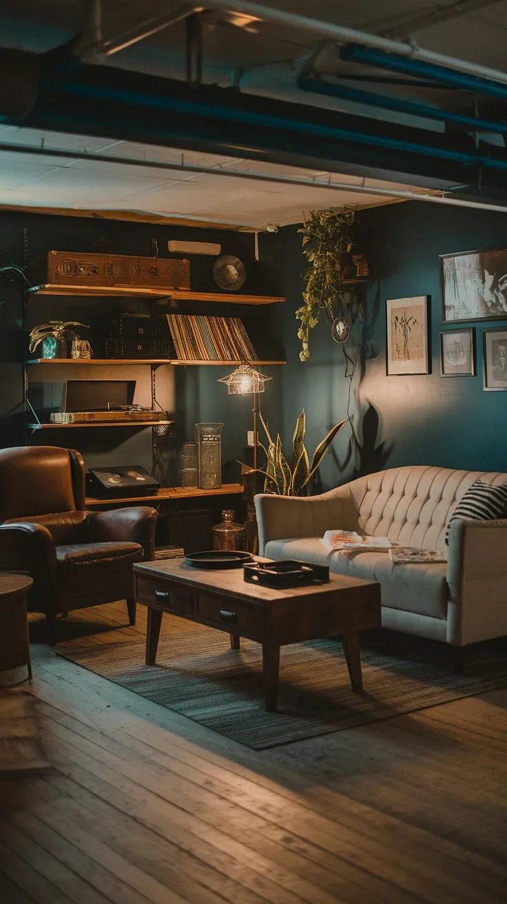 This dimly lit basement escape is a haven of vintage charm. A dark blue backdrop sets the stage for a relaxed atmosphere, complemented by a beige sofa, a worn leather chair, and a curated collection of books and records. The rustic wooden floors and warm lighting create a space that's both stylish and incredibly inviting.