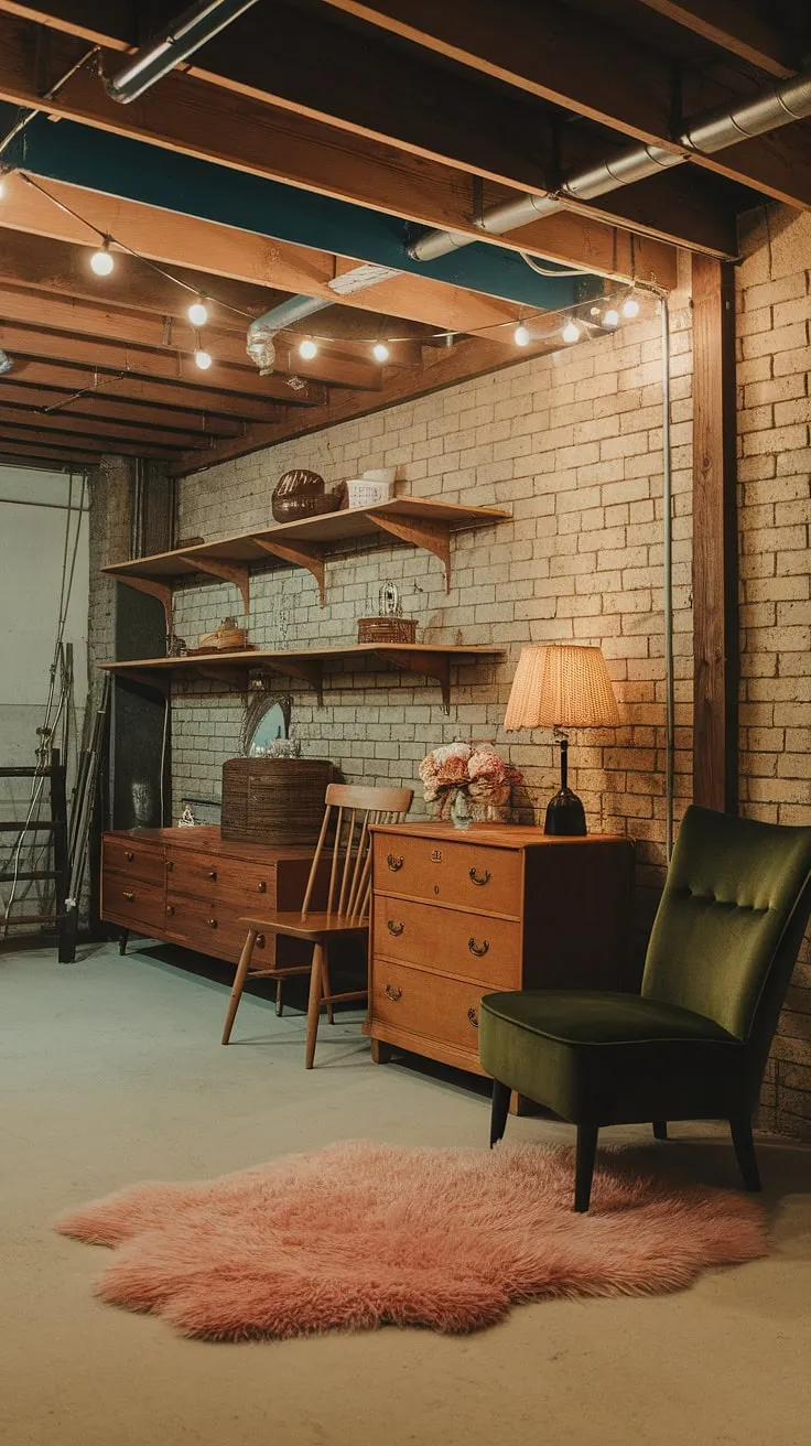 Escape the ordinary in this charming basement rec room. The vintage dresser and wooden shelves offer ample storage, while the green velvet chair and cozy lighting create the perfect atmosphere for relaxation. The exposed brick and wooden beams add rustic character, beautifully complemented by the soft pink rug and thoughtfully curated details. It's a space that effortlessly blends old-world charm with modern comfort.
