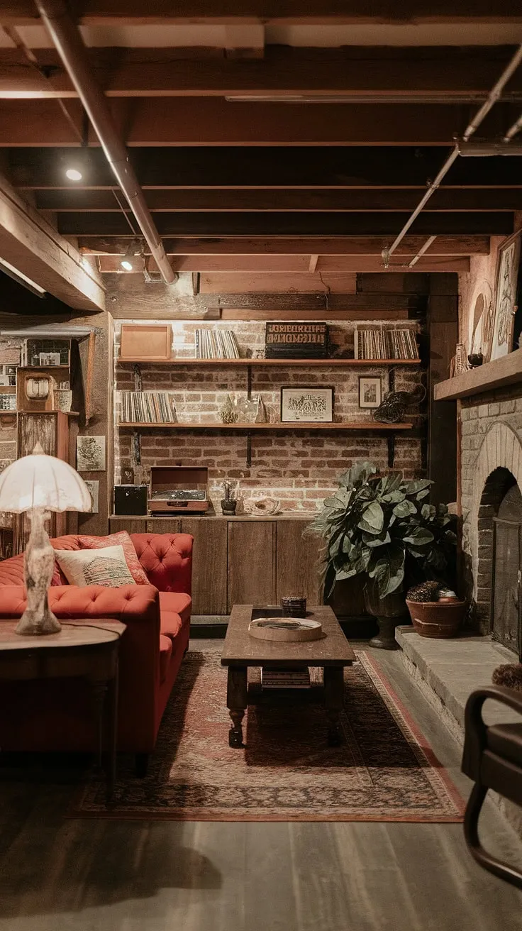 Descend into a world of vintage charm and rustic elegance. This basement retreat, with its exposed brick, wooden beams, and a crackling fireplace, offers a sanctuary of comfort and style. The rich textures and carefully chosen details, from the plush sofa to the eclectic shelves, create an atmosphere that is both inviting and utterly captivating. A perfect blend of old-world charm and modern comfort.