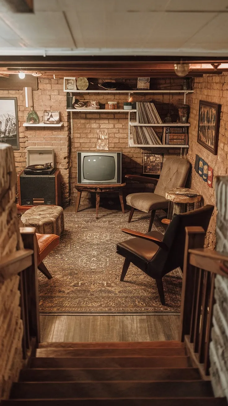 This basement's rustic aesthetic is a captivating blend of old-world charm and modern comfort. The exposed brick, wooden staircase, and patterned rug create a warm and inviting atmosphere. A vintage TV, record player, and thoughtfully curated shelves filled with books and decorative items complete the scene, offering a tranquil retreat where memories are made and stories unfold. A truly unique and inspiring space.