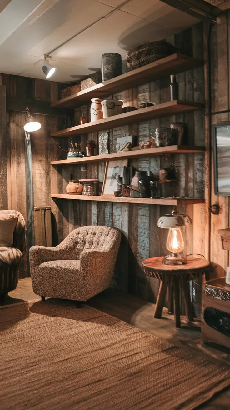 This rustic basement remodel is a cozy haven, a testament to the beauty of reclaimed wood and vintage finds. The warm rug, plush chair, and eclectic shelf create a space perfect for relaxation and quiet contemplation. A vintage lamp casts a gentle glow, enhancing the inviting atmosphere.