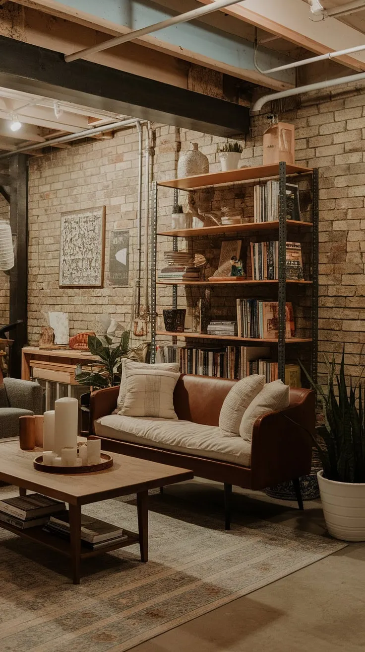Transforming a basement into a haven? This space proves it's possible. The mix of vintage furniture, like that perfectly worn couch, and modern accents, alongside the exposed brick, creates a unique and cozy atmosphere. A true testament to thoughtful design.