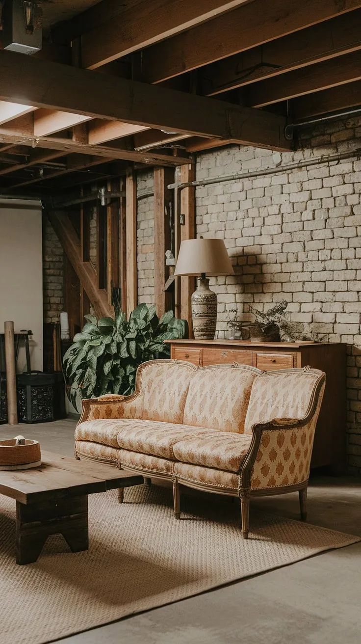 This rustic basement's cool aesthetic is perfectly balanced: exposed brick and wooden beams meet a vintage couch and warm lighting, creating a cozy and inviting space. The beige rug and patterned furniture add a touch of unexpected elegance. A perfect blend of textures and tones.