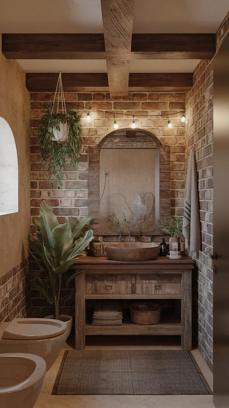 This cozy boho bathroom is a testament to the beauty of natural elements. The exposed brick walls, wooden beams, and carefully chosen plants create a tranquil and inviting atmosphere. A space designed for relaxation and self-care.