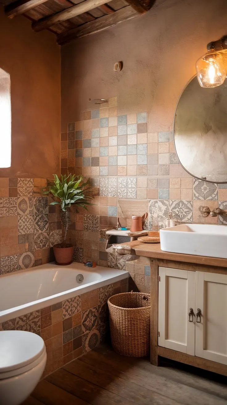 Escape to this tranquil boho bathroom, where earthy tones and rustic charm create a sanctuary for relaxation. The warm lighting, handcrafted wooden vanity, and decorative tiles in calming beige, orange, and blue hues invite you to unwind and rejuvenate. A touch of nature with the potted plant completes this serene space.