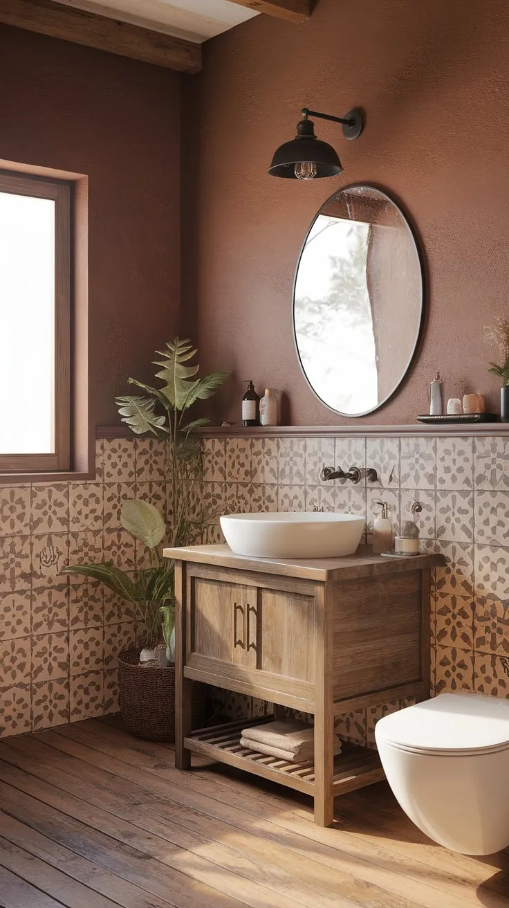 Find your calm in this rustic-chic bathroom retreat. The natural wood vanity, white sink, and patterned tile detail create a space that's both stylish and effortlessly relaxing. A touch of greenery adds to the peaceful ambiance, making it the perfect spot to unwind and recharge.