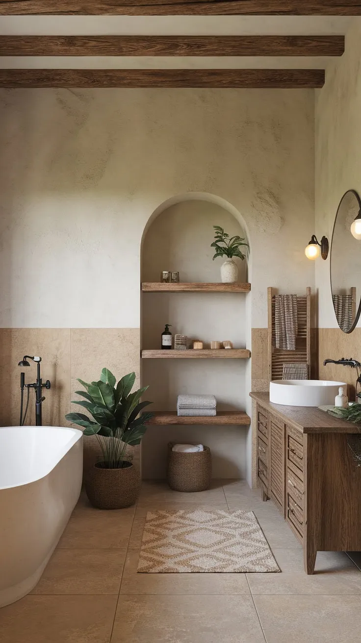 Indulge in the simple pleasures of life. This beautifully designed bathroom, featuring a blend of rustic charm and boho chic style, offers a tranquil retreat. The warm, inviting space is perfect for unwinding after a long day, surrounded by natural elements and a sense of peaceful serenity.