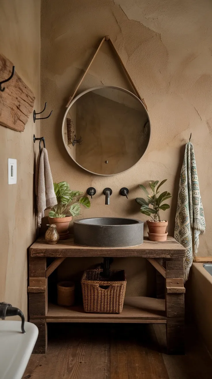 This rustic boho bathroom is a sanctuary of earthy tones and cozy textures. The wooden vanity, potted plants, and woven basket create a calming atmosphere, perfect for unwinding after a long day. A simple yet stylish space, it's a testament to how beautiful understated design can be.