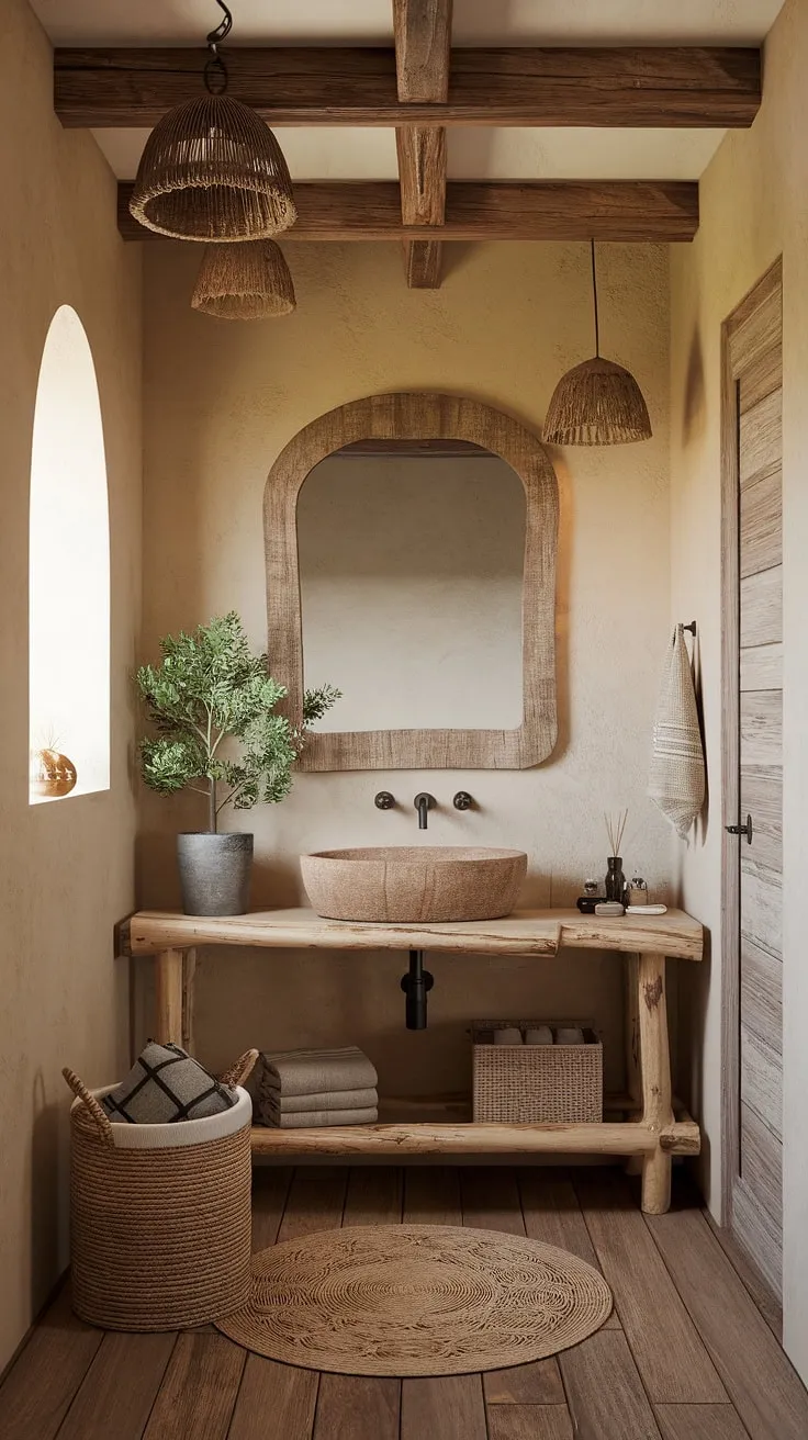 Escape to this rustic boho chic bathroom, where earthy tones and natural textures create a sanctuary of calm. The warm wooden beams, woven accents, and lush greenery invite relaxation and rejuvenation. A perfect blend of comfort and style.