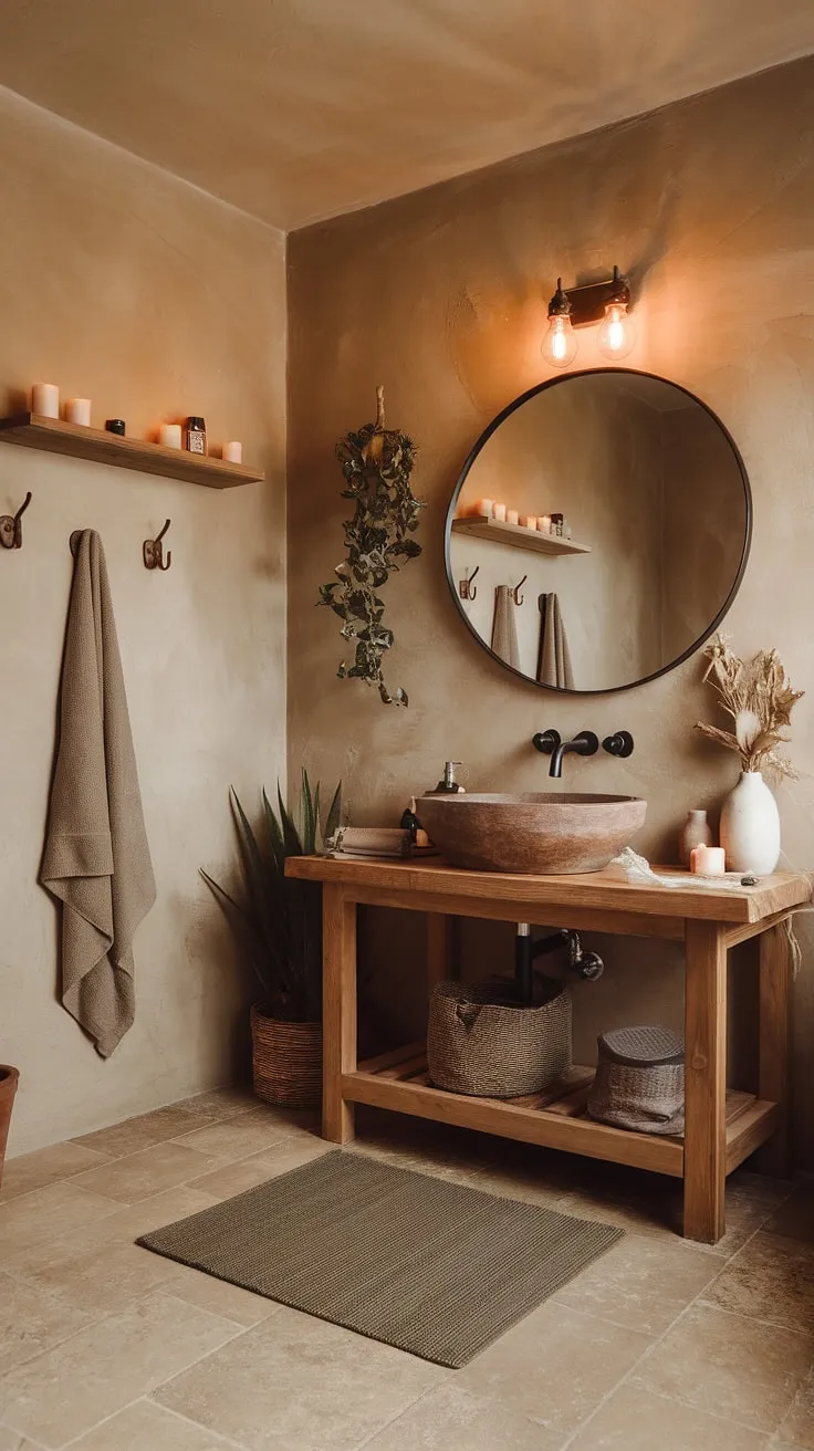 Find your calm in this inviting bathroom. Natural textures and a curated collection of decorative items, including candles and a thriving plant, contribute to the serene and stylish ambiance. A space designed for relaxation and self-care.