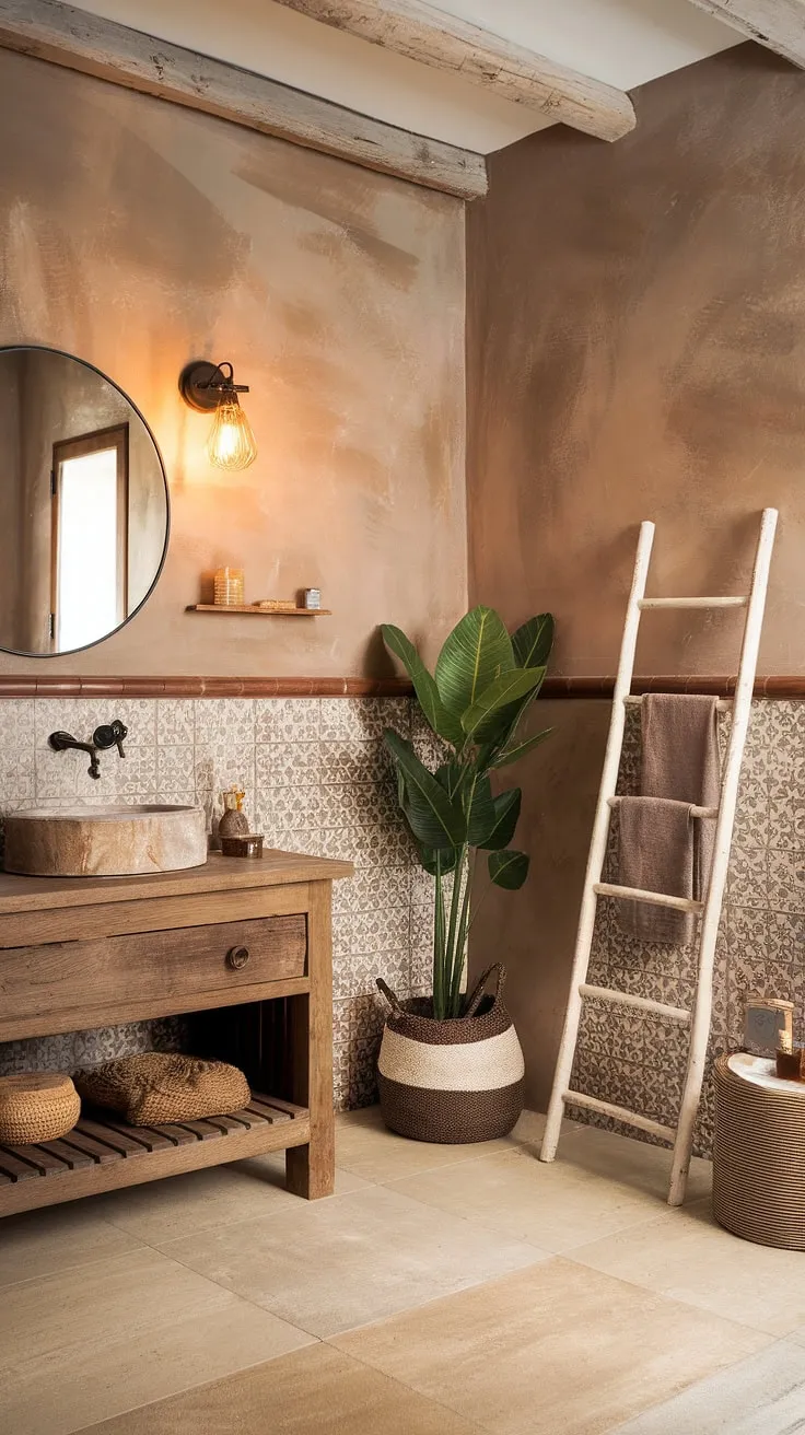 This boho bathroom is a dream. The blend of rustic wood, patterned tiles, and carefully chosen accessories creates a space that's both functional and aesthetically pleasing. The addition of a potted plant and a simple ladder adds a touch of nature and effortless charm, making it the perfect place to unwind and escape.