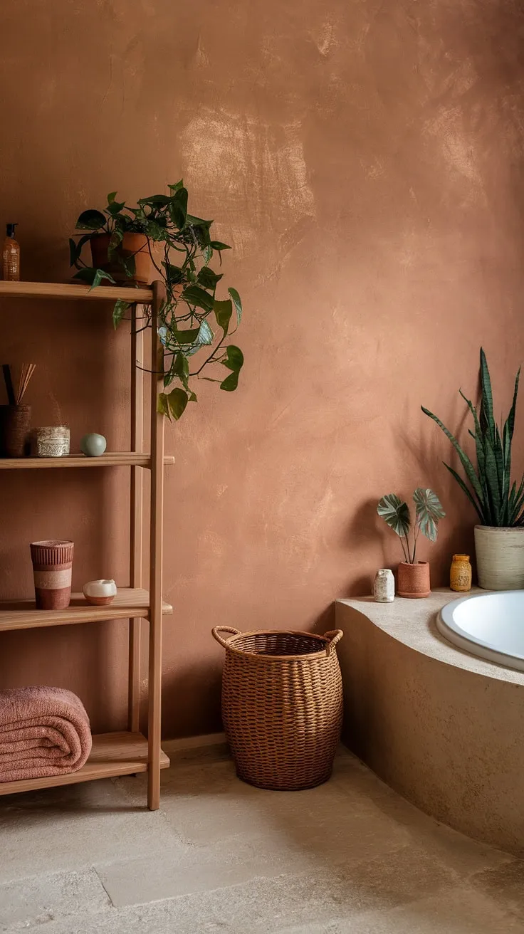 Find your inner peace in this tranquil boho bathroom. The muted orange walls, natural textures, and carefully curated details evoke a sense of serenity and understated elegance. A haven for relaxation and self-care.