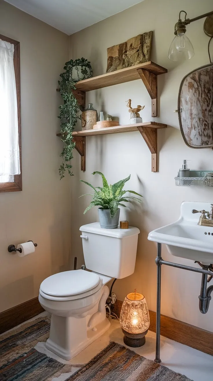 Rustic charm meets modern chic in this boho bathroom retreat. The vintage fixtures and wooden shelf, adorned with lush greenery, create a tranquil space where A sense of calm washes over you. The soft lighting adds to the inviting atmosphere.