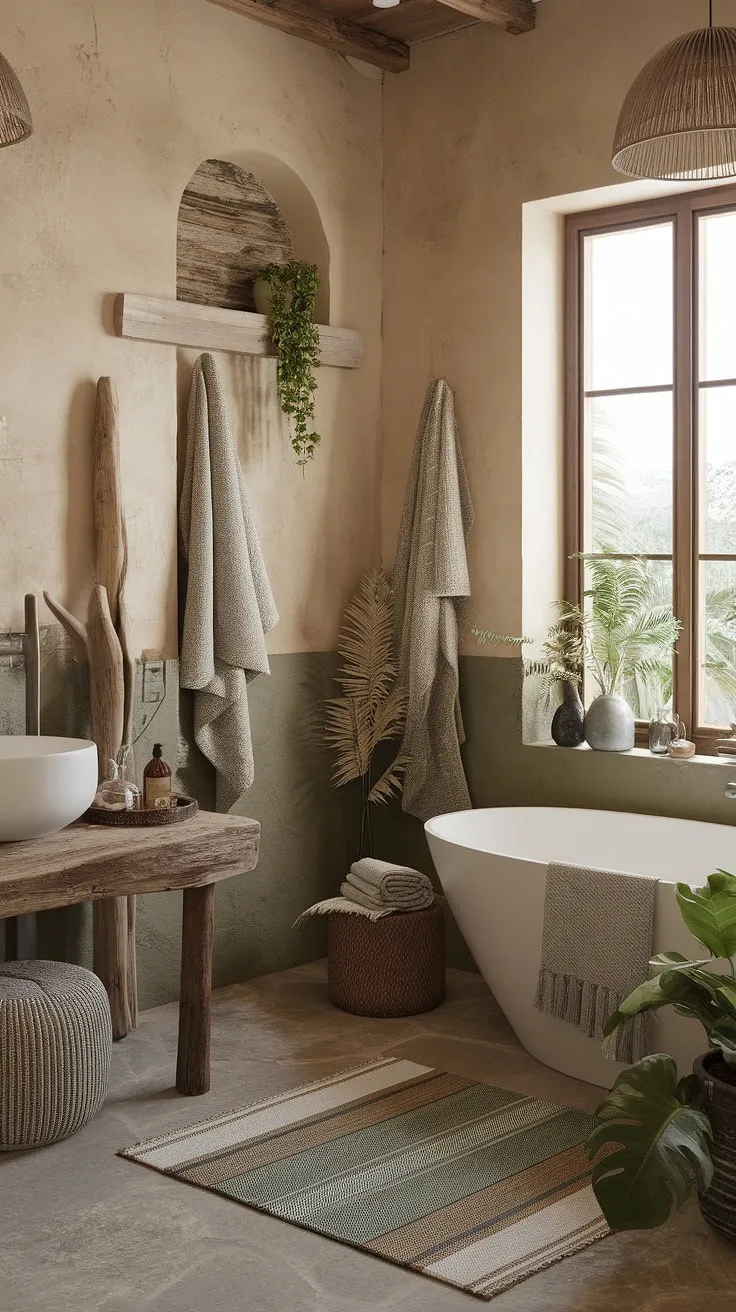 Indulge in tranquility. This rustic boho bathroom, with its earthy palette of beige, green, and grey, offers a sanctuary of calm. The freestanding bathtub, nestled near the window, invites moments of peaceful escape, enhanced by the natural textures and lush greenery. A perfect blend of rustic charm and chic sophistication.