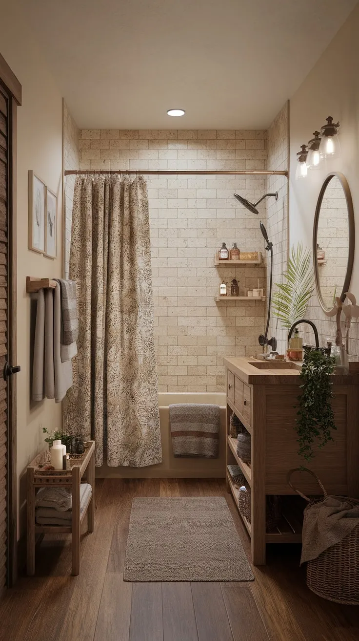 Indulge in the simple pleasures of this rustic boho bathroom. The handcrafted wooden vanity, the soft glow of candlelight, and the calming floral shower curtain all contribute to a space designed for self-care and connecting with a natural beauty.