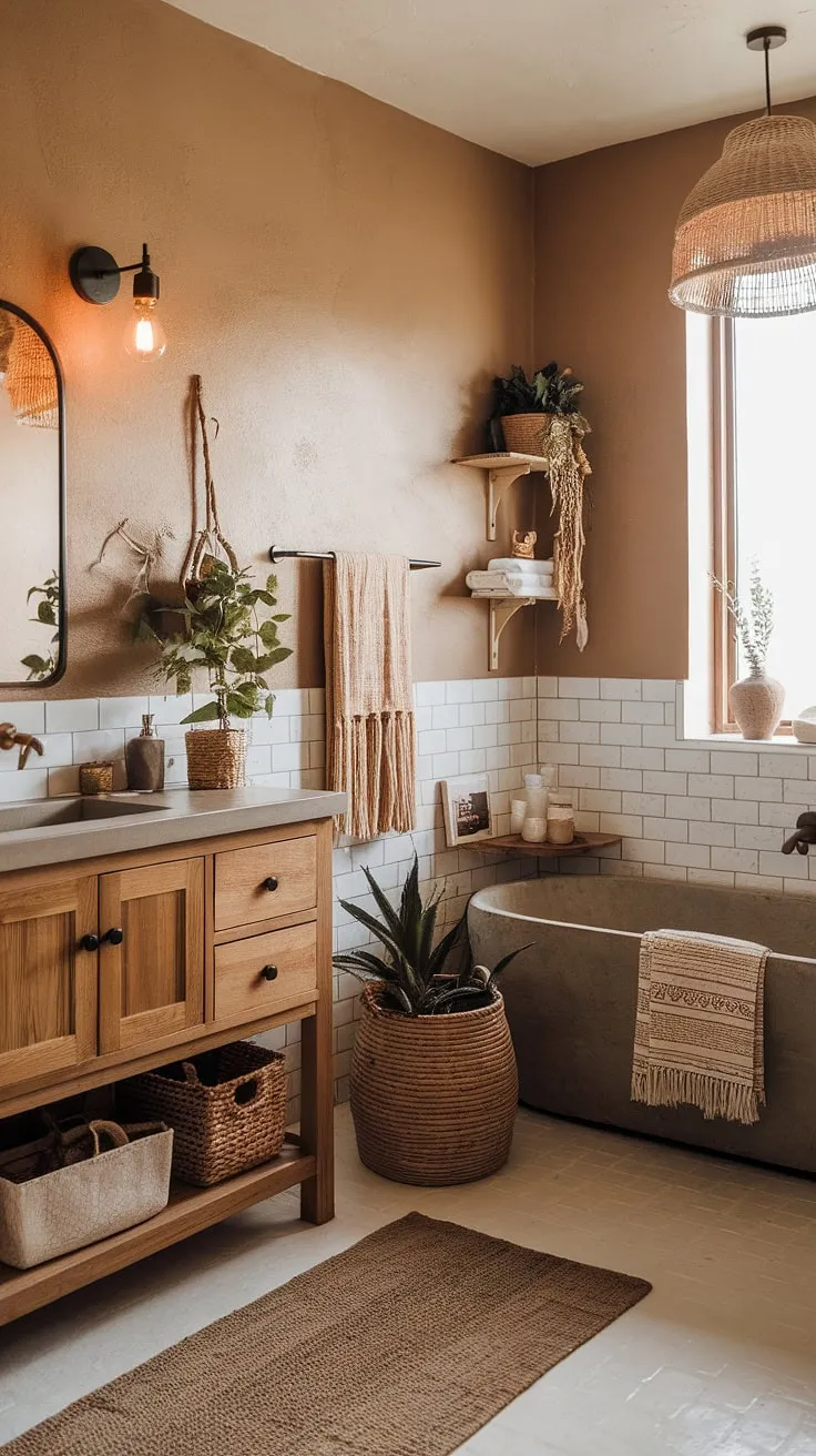 Escape to your own personal sanctuary. This rustic boho chic bathroom, with its earthy tones and calming atmosphere, is the perfect place to unwind and rejuvenate. The warm lighting and natural textures create a space of tranquility, where you can truly relax and reconnect. A haven of peace awaits.
