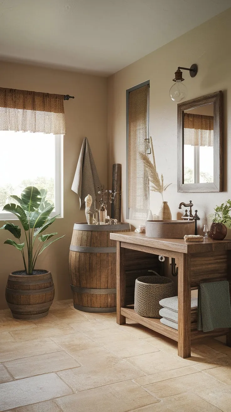 Escape to this tranquil bathroom oasis, where earthy tones and rustic elements blend seamlessly. The handcrafted wooden vanity, complemented by a vintage mirror and charming accessories, creates a space that is both functional and aesthetically pleasing. The addition of a wooden barrel adds a touch of rustic charm, while the natural light streaming through the window enhances the overall atmosphere.