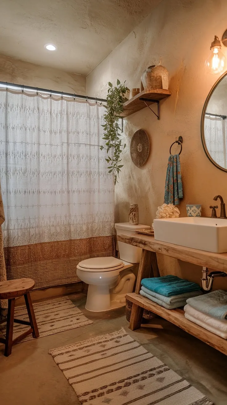 Find your calm in this charming boho bathroom. The natural textures, soft lighting, and thoughtful touches-like the vibrant plant and intricately patterned rug-transform this space into a tranquil retreat. A true testament to the beauty of simple, intentional design.