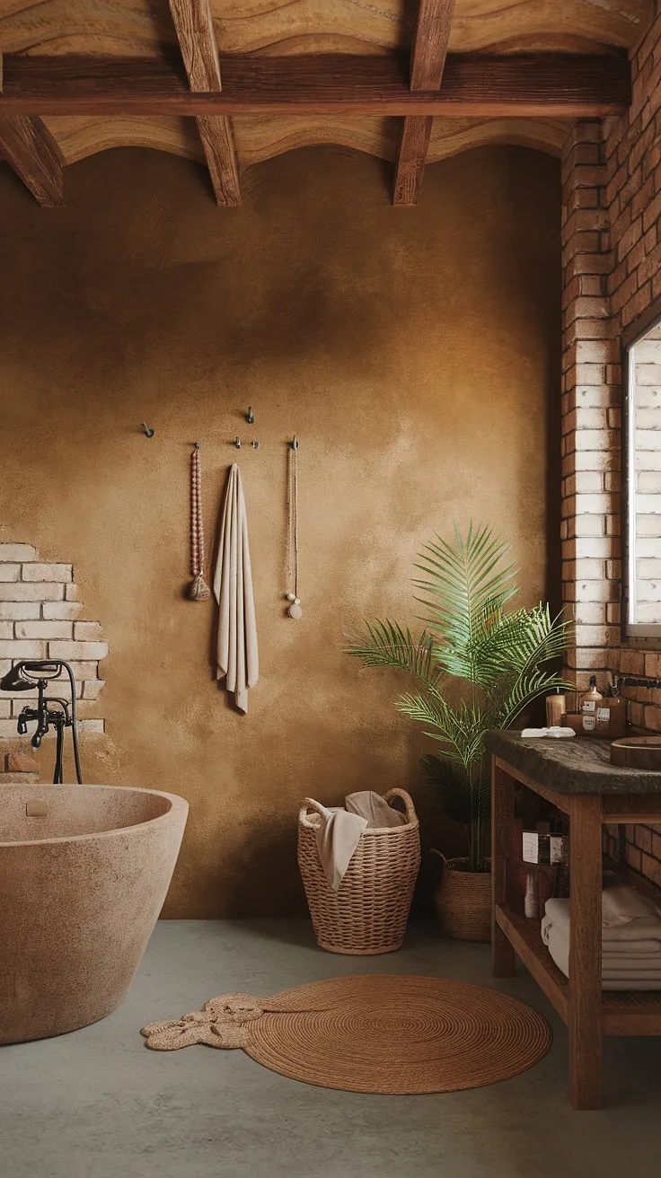 Bathed in golden light, this rustic boho bathroom is a haven of natural beauty. Exposed brick walls, a wooden beam ceiling, and a concrete floor create a textural masterpiece. The freestanding tub, complemented by woven accents and lush greenery, invites you to unwind and reconnect with nature. A space where simplicity meets sophistication.