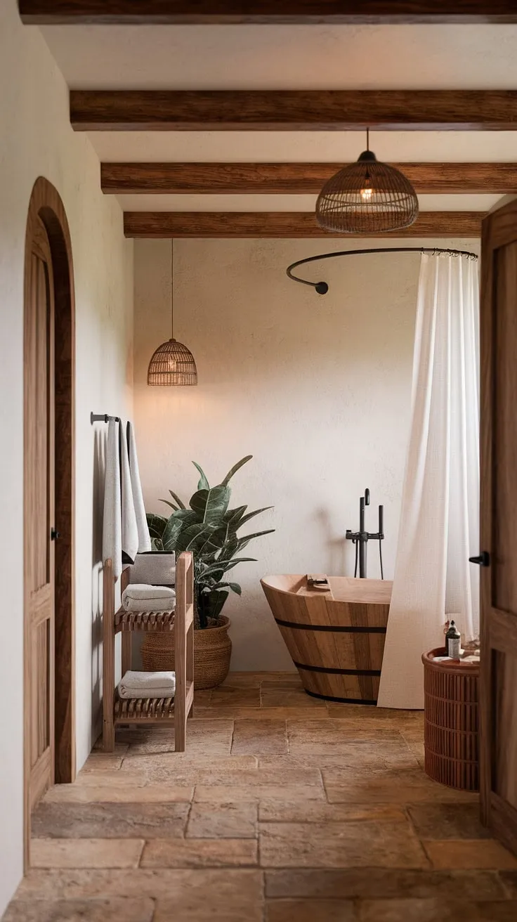 Indulge in the simple pleasures of life in this charming rustic bathroom. The combination of white walls, wooden accents, and a touch of greenery creates a calming atmosphere perfect for self-care. Let the warm lighting and the inviting freestanding tub transport you to a place of blissful relaxation, fostering a deeper connection with a sense of well-being.