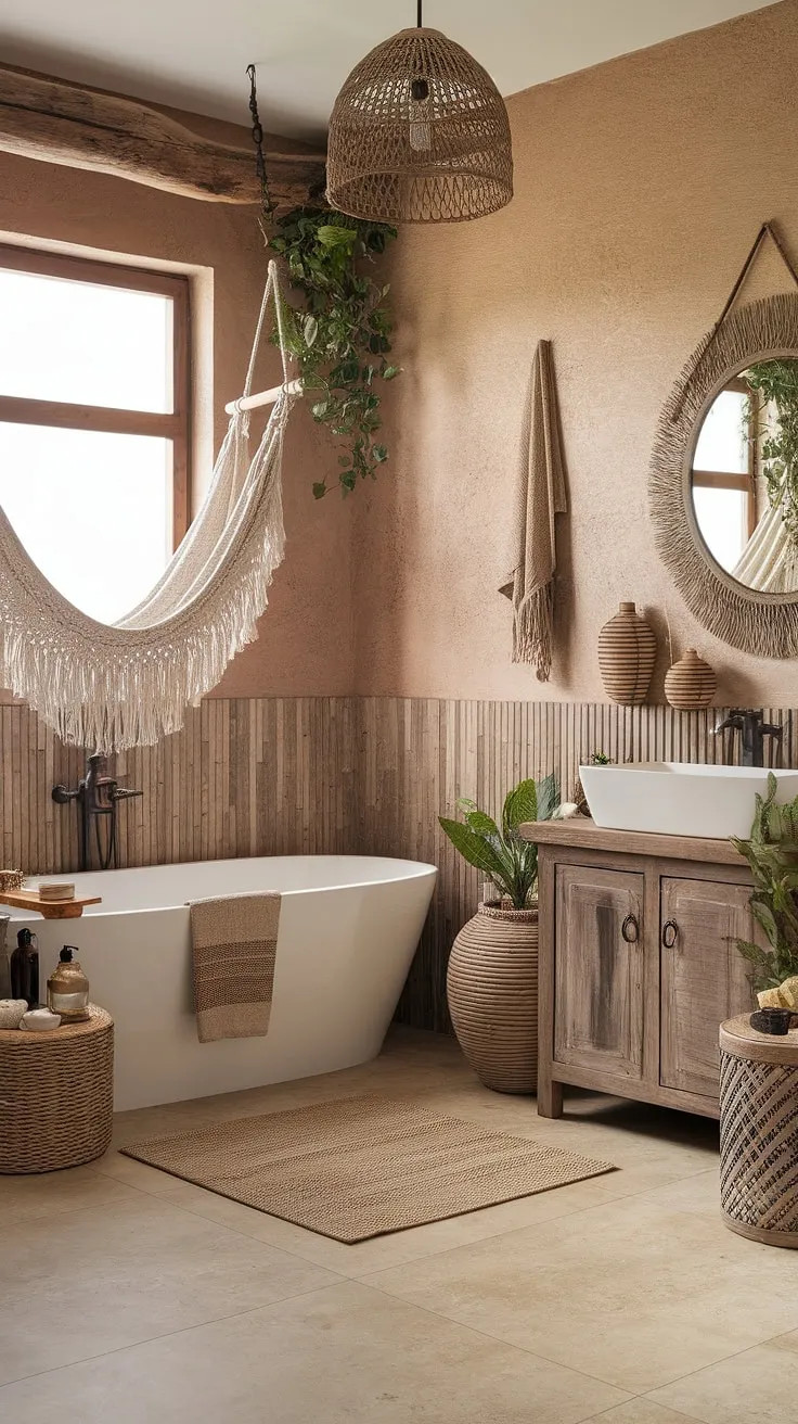 Indulge in the simple pleasures of life. This serene bathroom, bathed in warm, earthy tones, is a testament to understated elegance. The white bathtub, wooden cabinet, and rustic mirror create a space that is both functional and aesthetically pleasing. A perfect blend of comfort and style, it's a place to reconnect with yourself and find inner peace.
