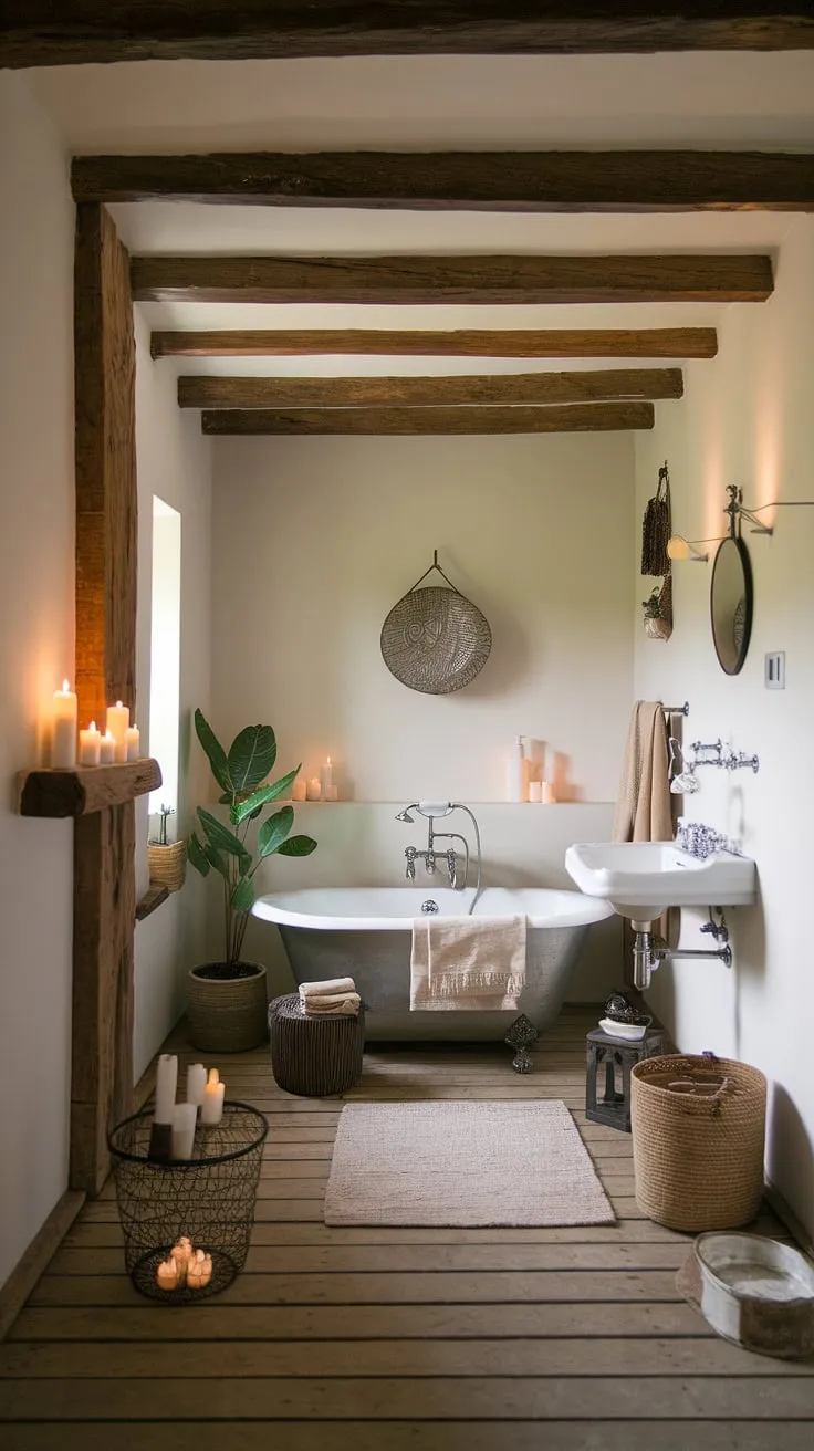 Find your peace in this tranquil bathroom retreat. The rustic charm of exposed wooden beams, paired with the elegance of a freestanding bathtub and the simple beauty of a potted plant, creates a space of pure serenity. A perfect blend of rustic and refined, this bathroom is a testament to understated elegance.