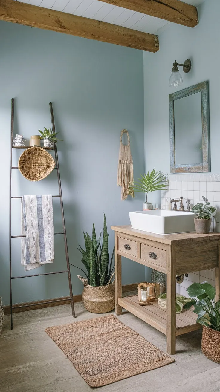 Find your zen in this rustic-chic bathroom retreat. The handcrafted wooden vanity and white sink offer a clean contrast to the warm tones of the exposed beams and woven rug. A touch of greenery from the potted plants and the thoughtfully placed items on the metal ladder complete the effortlessly stylish and calming ambiance. A perfect blend of texture and tranquility.