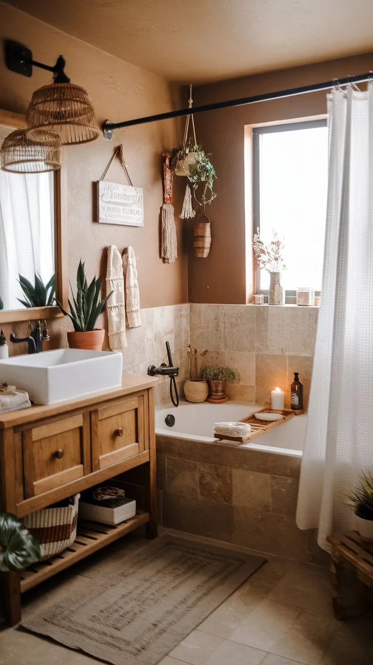 Find your calm in this inviting boho bathroom. The blend of rustic wood, a natural textures, and soft lighting creates a haven for relaxation and rejuvenation. Every detail, from the potted plants to the carefully chosen décor, contributes to a sense of peaceful escape.
