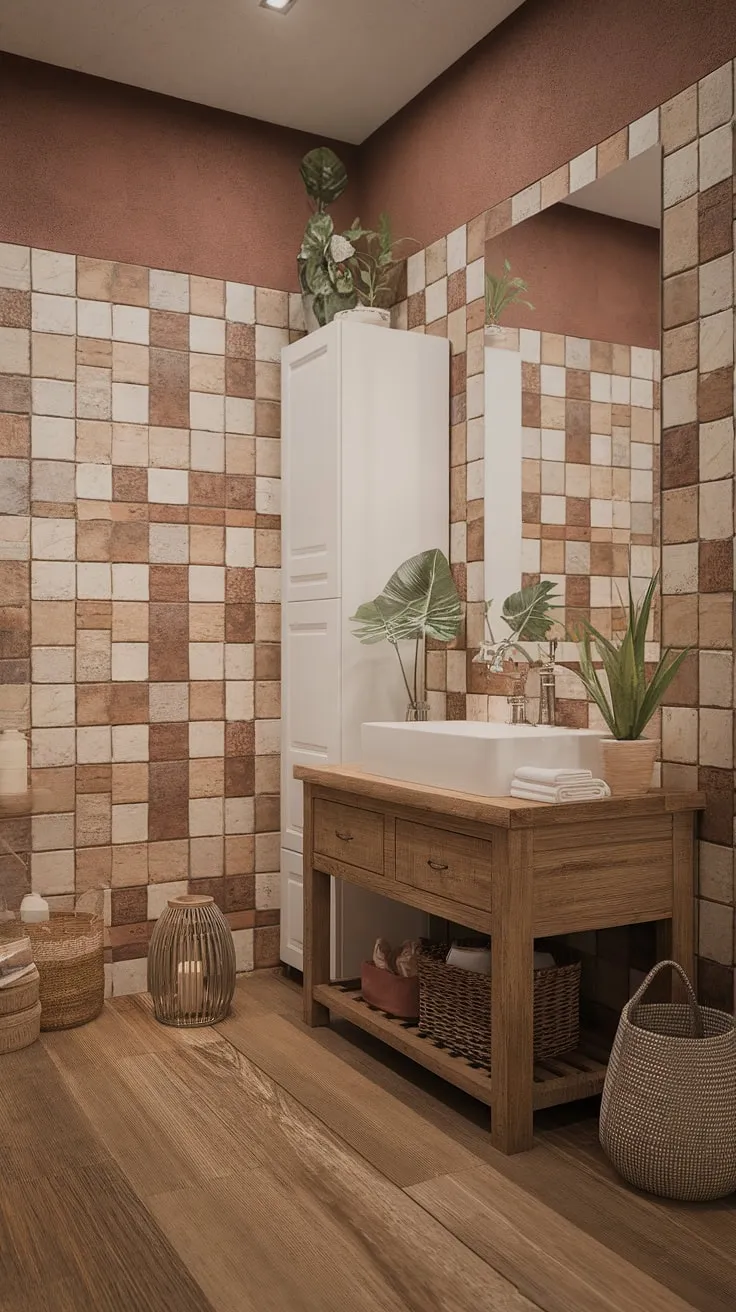 Escape to your own personal sanctuary. This rustic boho chic bathroom, with its earthy tones and unique patterned walls, offers a warm and inviting retreat where you can unwind and reconnect. The wooden vanity and potted plants add a touch of nature, creating a space that feels both stylish and serene. A perfect blend of comfort and style.